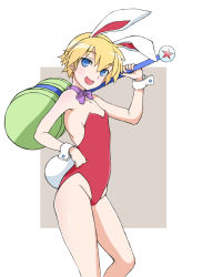 Rule 34 | 1girl, animal ears, bare shoulders, blonde hair, bow, bowtie, covered navel, fake animal ears, feet out of frame, flat chest, groin, highres, keio flying squadron, keiou yuugekitai, leotard, looking at viewer, nanahikari rami, open mouth, toy hammer, playboy bunny, rabbit ears, rabbit tail, red leotard, short hair, smile, solo, tail, wrist cuffs