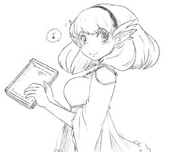 Rule 34 | 1girl, ^^^, blunt bangs, blush, book, breasts, closed mouth, commentary request, dress, elf, from side, greyscale, hair ornament, hairband, holding, holding book, jewelry, kekkon yubiwa monogatari, large breasts, latenight, looking at viewer, looking to the side, medium hair, monochrome, musical note, necklace, nephrites lomka, pointy ears, simple background, smile, solo, speech bubble, spoken musical note, standing, white background, wide sleeves