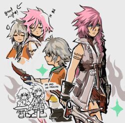 1boy 1girl absurdres arm_tattoo asymmetrical_hair belt blue_eyes chibi chibi_inset closed_eyes commentary english_commentary excuse_me_he_asked_for_no_pickles_(meme) eyelashes final_fantasy final_fantasy_xiii fingerless_gloves gloves grey_eyes grey_hair highres hope_estheim leaning_on_person lightning_farron long_hair meme multiple_views pink_hair short_hair smile snoozaga standing sword tattoo weapon zzz