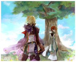 Rule 34 | 2boys, asbel lhant, blonde hair, brown hair, cape, ascot, flower, male focus, mooche, multiple boys, nature, outdoors, plant, richard (tales), sky, tales of (series), tales of graces, tree
