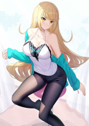 Rule 34 | 1girl, aqua jacket, bare shoulders, black pantyhose, black shorts, blonde hair, blush, breasts, camisole, cleavage, collarbone, contemporary, highres, jacket, large breasts, long hair, long sleeves, looking at viewer, mythra (xenoblade), off shoulder, open clothes, open jacket, pantyhose, pantyhose under shorts, ririko (zhuoyandesailaer), shorts, sidelocks, simple background, sitting, smile, solo, stool, swept bangs, thighs, white background, white camisole, xenoblade chronicles (series), xenoblade chronicles 2, yellow eyes