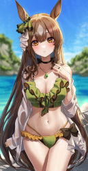 Rule 34 | 1girl, absurdres, animal ears, bare shoulders, bikini, bikini under clothes, black bow, black choker, blurry, blurry background, blush, bow, breasts, brown eyes, brown hair, choker, cleavage, day, ear ornament, ear ribbon, frilled bikini, frills, gem, green bikini, green gemstone, groin, hand on own chest, hand up, highres, horse ears, horse girl, jewelry, kudou (sikisiki0000), large breasts, looking at viewer, mole, mole on breast, mole on thigh, navel, necklace, ocean, off shoulder, open clothes, open shirt, outdoors, parted lips, pendant, ring, satono diamond (umamusume), see-through, see-through shirt, shirt, sitting, sleeves past wrists, solo, stomach, swimsuit, thighs, two-tone bikini, umamusume, wet, wet clothes, wet shirt, white shirt