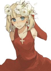Rule 34 | 1girl, bare shoulders, blonde hair, blue eyes, blunt bangs, blush, breasts, cleavage, commentary request, dress, earrings, elbow gloves, elysion, flower, gloves, highres, hrmnas, jewelry, lily (flower), looking at viewer, medium breasts, open mouth, red dress, red gloves, short hair, sleeveless, sleeveless dress, solo, sound horizon, stella (sound horizon)