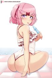Rule 34 | 1girl, absurdres, alternate costume, artist name, ass, bare arms, bare shoulders, doki doki literature club, food, from behind, hair ornament, hair ribbon, hairclip, highres, holding, holding food, holding ice cream, ice cream, layered swimsuit, looking back, natsuki (doki doki literature club), pink hair, purple eyes, raion (raionart), red ribbon, ribbon, saliva, saliva trail, shiny skin, short hair, sitting, solo, swimsuit, tongue, tongue out, white background, white swimsuit