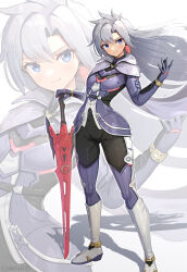 Rule 34 | 1girl, a (xenoblade), absurdres, armor, black pants, blue eyes, cape, closed mouth, collared cape, earrings, full body, gonzarez, hair between eyes, hair flip, hair flowing over, hair intakes, highres, jewelry, long hair, looking at viewer, messy hair, monolith soft, pants, single earring, smile, solo, standing, sword, tight clothes, tight pants, weapon, wide hips, xeno (series), xenoblade chronicles (series), xenoblade chronicles 3, xenoblade chronicles 3: future redeemed