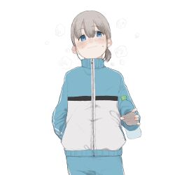 Rule 34 | 1girl, blue eyes, bottle, earrings, grey hair, hair between eyes, hand in pocket, highres, holding, holding bottle, idolmaster, idolmaster shiny colors, jacket, jewelry, light blush, light smile, looking at viewer, pants, ponytail, same reimei, serizawa asahi, short hair, short ponytail, simple background, single earring, solo, sweat, track jacket, track pants, track suit, white background, zipper