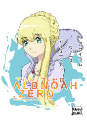Rule 34 | 10s, 1girl, absurdres, aldnoah.zero, asseylum vers allusia, blonde hair, braid, character name, copyright name, green eyes, highres, jewelry, long hair, looking at viewer, necklace, norman maggot, signature, solo, translation request, white background