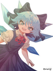 Rule 34 | 1girl, blue bow, blue dress, blue eyes, blue hair, bow, cirno, collared shirt, dress, hair bow, highres, ice, ice wings, looking at viewer, mibukyt, neck ribbon, open mouth, pinafore dress, puffy short sleeves, puffy sleeves, red ribbon, ribbon, shirt, short hair, short sleeves, simple background, sleeveless, sleeveless dress, teeth, touhou, twitter username, white background, white shirt, wings