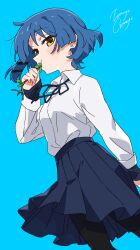 Rule 34 | absurdres, arm behind back, black pantyhose, black ribbon, blue background, blue hair, bocchi the rock!, cheek bulge, collared shirt, earrings, eating, expressionless, floating hair, from below, from side, hair ornament, hair over one eye, hairclip, highres, jewelry, light blush, long sleeves, mole, mole under eye, mouth hold, pantyhose, pleated skirt, ribbon, shirt, short hair, skirt, stalk in mouth, white shirt, yamada ryo, zetsuyo chimayo