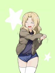 Rule 34 | 10s, 1girl, :d, ^ ^, baker at bat, black shirt, blonde hair, blue shorts, brown jacket, closed eyes, cowboy shot, denim, denim shorts, closed eyes, girls und panzer, green background, hair intakes, jacket, kay (girls und panzer), ki-51 (ampullaria), long hair, long sleeves, military, military uniform, new horizon, open clothes, open jacket, open mouth, parody, saunders military uniform, shirt, short shorts, shorts, simple background, smile, solo, standing, style parody, swinging, thighhighs, uniform, white thighhighs