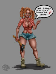 Rule 34 | breasts, halloween, highres, large breasts, lumberjack, red hair, solo, thick thighs, thighs, yandere