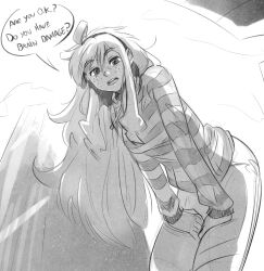 Rule 34 | 1girl, 4chan, bow hairband, breasts, commentary, drawstring, eltonel, english commentary, english text, feet out of frame, freckles, from below, greyscale, hairband, hands on own thighs, highres, hood, hoodie, insult, insulting viewer, leaning forward, long hair, long sleeves, looking at viewer, looking down, medium breasts, monochrome, open mouth, pants, sidelocks, solo, speech bubble, striped clothes, striped hoodie, very long hair, vivian james
