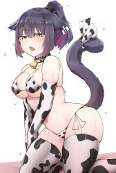 Rule 34 | 1girl, absurdres, alternate costume, animal ears, animal print, arknights, bare shoulders, bell, bikini, black choker, black hair, breasts, cat ears, cat girl, cat tail, choker, cleavage, covered erect nipples, cow print, cow print bikini, ear tag, elbow gloves, fang, floppy ears, gloves, green eyes, halterneck, highres, jessica (arknights), k0ng, kneeling, large breasts, long hair, looking at viewer, multicolored hair, navel, open mouth, ponytail, print bikini, side-tie bikini bottom, simple background, skindentation, solo, stomach, strap gap, string bikini, sweat, swimsuit, tail, tail raised, tears, thighhighs, thighs, two-tone hair, white background, white bikini, white gloves, white thighhighs