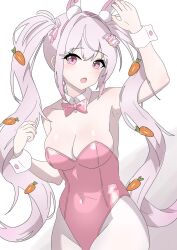 Rule 34 | 1girl, :o, alice (nikke), alice (wonderland bunny) (nikke), animal ears, arm up, bare shoulders, blush, bowtie, breasts, carrot hair ornament, cleavage, collarbone, covered navel, detached collar, fake animal ears, food-themed hair ornament, goddess of victory: nikke, hair between eyes, hair intakes, hair ornament, leotard, long hair, looking at viewer, medium breasts, pantyhose, pink bow, pink bowtie, pink eyes, pink hair, pink leotard, playboy bunny, rabbit ears, sidelocks, solo, strapless, strapless leotard, takabayashi4129, twintails, white pantyhose