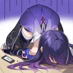 Rule 34 | 1girl, acheron (honkai: star rail), bare shoulders, black gloves, black thighhighs, cellphone, closed eyes, coat, commentary, elbow gloves, gloves, grey hair, honkai: star rail, honkai (series), long hair, multicolored hair, phone, prickly cactus chan, purple hair, smartphone, solo, streaked hair, thighhighs, top-down bottom-up