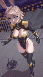 Rule 34 | abs, animal ears, blunt bangs, blurry, blurry background, boots, breasts, brown hair, cape, city lights, cleavage, closed mouth, covered erect nipples, covered navel, dutch angle, foreshortening, from above, green eyes, highleg, highleg leotard, highres, large breasts, leotard, looking at viewer, lyoung0j, medium hair, night, original, panty straps, rabbit, rabbit ears, rabbit girl, shrug (clothing), strapless, strapless leotard, tattoo, thigh boots, walking, whiskers