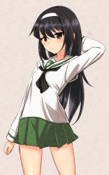 Rule 34 | 10s, 1girl, arm behind head, black hair, black neckerchief, blouse, brown eyes, chawan (yultutari), clenched hand, closed mouth, commentary, cowboy shot, frown, girls und panzer, green skirt, grey background, hairband, highres, long hair, long sleeves, looking at viewer, miniskirt, motion lines, neckerchief, ooarai school uniform, pleated skirt, reizei mako, school uniform, serafuku, shirt, skirt, solo, standing, traditional media, white hairband, white shirt
