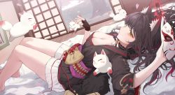 Rule 34 | 1girl, absurdres, animal, animal ear fluff, animal ears, bare legs, black hair, black kimono, blue archive, blush, breasts, cleavage, flower, fox, fox ears, fox girl, fox mask, fox tail, halo, highres, indoors, japanese clothes, kimono, large breasts, long hair, looking at viewer, lying, mask, on back, on side, petals, smile, tail, tatami, wakamo (blue archive), wide sleeves, yellow eyes, yogu (user rxdx2445)