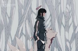 Rule 34 | 1girl, amiyakinyu, animal, bad id, bad pixiv id, barbed wire, bare tree, black eyes, black hair, black jacket, blood, blurry, blurry background, closed eyes, closed mouth, copyright request, dark halo, dripping, fox, halo, hand in pocket, highres, jacket, multiple tails, official art, open mouth, outdoors, red halo, tail, teeth, tree, twitter username, winter clothes
