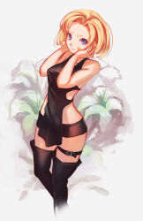 Rule 34 | 1girl, apron, bad id, bad pixiv id, black footwear, black thighhighs, blonde hair, blue eyes, boots, breasts, covered erect nipples, cropped legs, flower, hands on own face, highres, junketsu no maria, lily (flower), maria (junketsu no maria), microskirt, short hair, skirt, sleeveless, softmode, solo, taut clothes, thigh boots, thigh strap, thighhighs