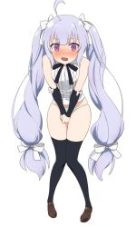 Rule 34 | 1girl, ahoge, aqua panties, assault lily, bare shoulders, black ribbon, black thighhighs, blunt bangs, blush, bow, brown footwear, buttons, commentary, commission, covering privates, covering crotch, detached sleeves, embarrassed, full body, grey hair, hair bow, have to pee, highres, knees together feet apart, komatsu (sakanae), loafers, long hair, long sleeves, looking at viewer, miriam hildegard von gropius, neck ribbon, no pants, nose blush, open mouth, panties, pixiv commission, purple eyes, ribbon, school uniform, shirt, shoes, simple background, sleeve bow, sleeveless, sleeveless shirt, sleeves past wrists, solo, standing, sweat, thighhighs, twintails, underwear, v arms, very long hair, white background, white bow, white shirt, yurigaoka girls academy school uniform