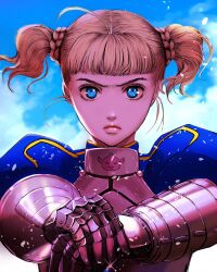 Rule 34 | 1girl, ahoge, armor, artoria pendragon (all), artoria pendragon (fate), berserk, blonde hair, blue eyes, blue sky, blunt bangs, braid, character print, chest guard, closed mouth, cloud, commentary, cosplay, english commentary, eyelashes, falling petals, farnese (berserk), fate (series), floating hair, frown, furrowed brow, gauntlets, glint, hands up, highres, lips, looking at viewer, nisino2222, outstretched arms, own hands together, petals, plate armor, puck (berserk), puffy sleeves, saber (fate), saber (fate) (cosplay), serious, short hair, sky, solo, straight-on, twintails, upper body, wind