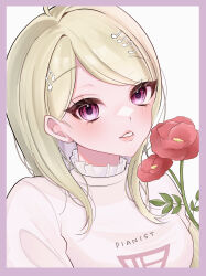 1girl absurdres ahoge akamatsu_kaede alternate_breast_size blonde_hair border breasts danganronpa_(series) danganronpa_v3:_killing_harmony flower fortissimo hair_ornament highres holding holding_flower long_hair medium_breasts musical_note musical_note_hair_ornament o_soba_(soba3ly) official_alternate_costume pink_border pink_eyes red_flower shirt smile solo teeth upper_body white_background white_shirt