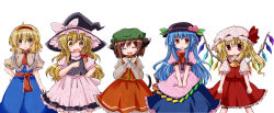 5girls :d :t ^_^ alice_margatroid animal_ears blonde_hair blue_hair bow brown_eyes brown_hair capelet cat_ears cat_girl cat_tail chen closed_eyes dress earrings female_focus flandre_scarlet food fruit futami_yayoi hat hat_bow hat_ribbon highres hinanawi_tenshi jewelry kirisame_marisa long_hair multiple_girls open_mouth peach ribbon side_ponytail simple_background single_earring smile tail touhou white_background wings witch witch_hat yellow_eyes