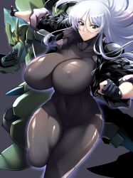 Rule 34 | 1girl, absurdres, alisabeth zweiser, black bodysuit, black jacket, bodysuit, bouncing breasts, breasts, clenched hand, covered collarbone, covered erect nipples, covered navel, cropped jacket, floating hair, gloves, glowing, glowing eye, green eyes, grey hair, haganef, hair between eyes, highres, huge breasts, jacket, looking to the side, mecha, original, partially fingerless gloves, robot, science fiction, skin tight, smile, solo, yellow eyes