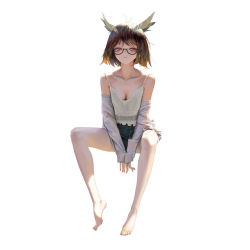 Rule 34 | 1girl, arknights, barefoot, breasts, brown hair, cleavage, closed mouth, clothing request, denim, denim shorts, feather hair, feet, glasses, looking at viewer, orange hair, shorts, silence (arknights), simple background, sitting, smile, solo, toes, white background, wonbin lee