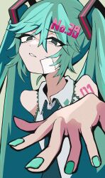 Rule 34 | 1girl, absurdres, bare shoulders, blue eyes, blue hair, blue nails, blue necktie, collared shirt, commentary, disdain, empty eyes, foreshortening, glaring, hair ornament, half-closed eyes, hand up, hatsune miku, highres, long hair, looking at viewer, necktie, number hair ornament, number tattoo, parted lips, raised eyebrow, shirt, shoulder tattoo, simple background, sleeveless, sleeveless shirt, solo, taoru (towtowru), tattoo, twintails, upper body, vocaloid, white shirt