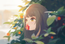 Rule 34 | 1girl, artist name, blurry, blurry background, blurry foreground, brown hair, day, flower, green eyes, highres, original, outdoors, parion, plant, portrait, solo