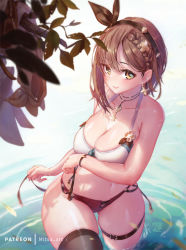 Rule 34 | 1girl, atelier (series), atelier ryza, atelier ryza 2, bad id, bad pixiv id, bikini, bikini top only, black hairband, black thighhighs, braid, breasts, bridal garter, brown eyes, brown hair, cleavage, closed mouth, collarbone, cowboy shot, french braid, hair ornament, hairband, hat, jewelry, key, key necklace, large breasts, looking at viewer, mitsu (mitsu art), necklace, partially submerged, patreon username, red shorts, reisalin stout, short hair, short shorts, shorts, single thighhigh, smile, solo, swimsuit, thighhighs, thighs, wading, water, wet, wet clothes