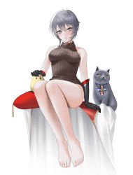 Rule 34 | 1girl, absurdres, azur lane, bare legs, bare shoulders, barefoot, bellona (azur lane), black gloves, blush, breasts, brown sweater vest, buko (bukosuki), closed mouth, elbow gloves, feet, full body, gloves, grey cat, grey eyes, grey hair, highres, legs, looking at viewer, manjuu (azur lane), medium breasts, pillow, short hair, sitting, solo, sweater vest, thighs, toes, white background