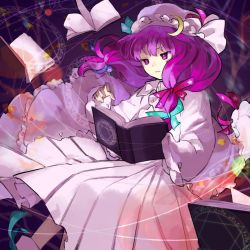 Rule 34 | 1girl, book, crescent, crescent hat ornament, dress, embodiment of scarlet devil, hat, hat ornament, holding, holding book, kaigen 1025, long dress, long hair, mob cap, open book, patchouli knowledge, purple eyes, purple hair, striped clothes, striped dress, touhou, vertical-striped clothes, vertical-striped dress, very long hair