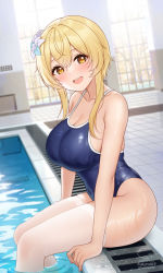 Rule 34 | 1girl, :d, artist name, blonde hair, blue one-piece swimsuit, breasts, cleavage, collarbone, commentary request, competition school swimsuit, flower, fukuro daizi, genshin impact, hair flower, hair ornament, highres, indoors, large breasts, looking at viewer, lumine (genshin impact), one-piece swimsuit, open mouth, pool, school swimsuit, signature, smile, solo, swimsuit, teeth, thighhighs, twitter username, upper teeth only, water, wet, white thighhighs, yellow eyes