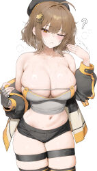 Rule 34 | 1girl, absurdres, anis (nikke), black shorts, blush, breasts, brown eyes, brown hair, cleavage, fanning face, fanning self, goddess of victory: nikke, highres, jacket, large breasts, medium hair, mochirong, navel, one eye closed, shorts, simple background, skindentation, solo, sweat, thigh strap, white background, yellow jacket