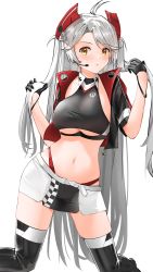 Rule 34 | 1girl, absurdres, azur lane, belt, black footwear, black gloves, black jacket, black skirt, boots, breasts, clothing cutout, cropped shirt, cross, earpiece, gloves, grey hair, half gloves, headgear, highres, iron cross, jacket, kneeling, large breasts, long hair, looking at viewer, microskirt, midriff, navel, official alternate costume, open clothes, open jacket, panties, panty straps, prinz eugen (azur lane), prinz eugen (final lap) (azur lane), ps rinsu, race queen, red panties, simple background, skirt, solo, thigh boots, thighhighs, two-tone skirt, underboob, underboob cutout, underwear, very long hair, white background, white belt, white skirt, yellow eyes, zettai ryouiki