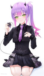 Rule 34 | 1girl, absurdres, black shirt, black skirt, black socks, blazer, blush, closed mouth, commentary request, demon girl, demon tail, demon wings, green eyes, hair ornament, hairclip, highres, hololive, jacket, long hair, multicolored hair, necktie, pink hair, pointy ears, purple hair, purple necktie, seiza, shirt, side ponytail, sidelocks, simple background, sitting, skirt, smile, socks, solo, streaked hair, tail, tokoyami towa, towrituka, twitter username, virtual youtuber, white background, wings