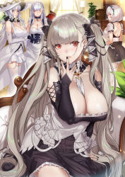 Rule 34 | 4girls, apron, arm across waist, arm support, azur lane, back, bare shoulders, belfast (azur lane), between breasts, black dress, black nails, blue eyes, blurry, blurry background, blush, braid, breasts, brown eyes, chain, chair, choker, cleavage, closed eyes, closed mouth, collar, collarbone, commentary request, couch, covered erect nipples, curtains, day, deras, dress, earrings, elbow gloves, finger to mouth, formidable (azur lane), french braid, frilled apron, frilled choker, frilled dress, frilled gloves, frills, garter straps, gloves, grey hair, grin, hair between eyes, hair ornament, hair ribbon, hairband, hand to own mouth, hat, highres, illustrious (azur lane), indoors, jewelry, lace-trimmed hairband, lace-trimmed headwear, lace trim, large breasts, light particles, long hair, long sleeves, looking at viewer, looking back, looking to the side, low ponytail, maid, maid apron, maid headdress, mole, mole under eye, multiple girls, nail polish, own hands together, parted lips, pink lips, plant, platinum blonde hair, puffy short sleeves, puffy sleeves, red eyes, ribbon, short hair, short sleeves, shoulder blades, sidelocks, sirius (azur lane), sitting, smile, standing, strapless, strapless dress, sun hat, thighhighs, thighs, twintails, two-tone dress, two-tone ribbon, very long hair, white apron, white dress, white frills, white gloves, white hair, white headwear, white legwear, window