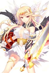 Rule 34 | 1girl, bare shoulders, black scarf, blonde hair, breasts, cleavage, dress, feathers, glowing, glowing weapon, highres, medium breasts, no bra, official art, red eyes, scarf, shield, shirahane nao, soccer spirits, stomach, sword, tiara, transparent background, valkyrja beth (soccer spirits), weapon, wings