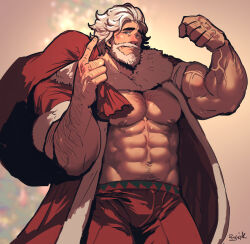 Rule 34 | 1boy, abs, arm hair, artist name, bare pectorals, beard, biceps, blush, chest hair, cookie run, eggnog cookie, facial hair, flexing, holding, holding sack, humanization, looking at viewer, male focus, navel, nipples, open clothes, pants, pectorals, red pants, rybiok, sack, short hair, smile, solo, white hair