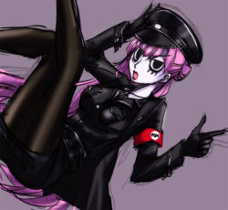 Rule 34 | 1girl, alternate costume, cosplay, female soldier, gloves, hat, jacket, lipstick, long hair, makeup, military, nazi, one piece, perona, pink hair, pupupu, simple background, solo, thighhighs