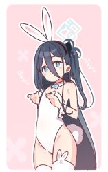 Rule 34 | 1girl, animal ears, aris (blue archive), black hair, blue archive, blue eyes, bow, bowtie, commentary, detached collar, hair between eyes, leotard, looking at viewer, pink background, playboy bunny, rabbit ears, rabbit tail, side ponytail, tail, thighhighs, white thighhighs, wrist cuffs, yoru nai