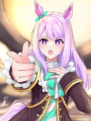 Rule 34 | 1girl, :o, animal ears, black jacket, bow, bowtie, ear bow, green bow, green bowtie, hand on own chest, highres, horse ears, horse girl, jacket, long hair, looking at viewer, mejiro mcqueen (umamusume), neko reina, pointing, pointing at viewer, purple eyes, purple hair, signature, solo, umamusume, upper body