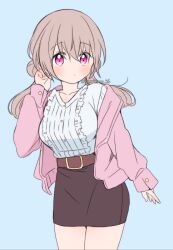 Rule 34 | 1girl, belt, blonde hair, breasts, brown belt, brown skirt, buttons, double bun, hair bun, highres, jacket, large breasts, looking at viewer, original, pink eyes, pink jacket, rinlaby, shirt, signature, skirt, solo, twintails, white shirt