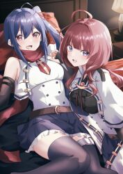 Rule 34 | 2girls, ahoge, armpit crease, assault lily, bare shoulders, bed, belt, belt buckle, black gloves, black shirt, black skirt, black thighhighs, blue eyes, blue hair, blunt bangs, breasts, brown belt, brown hair, buckle, center frills, commentary, cropped jacket, desk lamp, elbow gloves, fingerless gloves, frilled shirt, frilled skirt, frills, gloves, hair between eyes, hair ribbon, high ponytail, highres, houji tea latte, indoors, ishikawa aoi, jacket, kaede johan nouvel, knees together feet apart, lamp, long hair, looking at viewer, lying, medium breasts, miniskirt, multiple girls, necktie, on back, on bed, on side, open clothes, open jacket, open mouth, pillow, pink eyes, pleated skirt, red necktie, red ribbon, red scarf, ribbon, scarf, shirt, short necktie, side ponytail, sidelocks, skirt, sleeveless, sleeveless jacket, smile, thigh belt, thigh strap, thighhighs, underbust, white belt, white shirt, zettai ryouiki