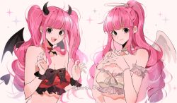 Rule 34 | 1girl, alternate costume, alternate hairstyle, angel, angel wings, arm cuffs, bikini, bikini top only, blunt bangs, breasts, choker, claw pose, cleavage, closed mouth, commentary, demon, demon costume, demon horns, demon tail, demon wings, drill hair, fingers together, frilled bikini, frills, halo, horns, joman, lips, lipstick, long hair, looking at viewer, makeup, medium breasts, multiple views, one piece, open mouth, own hands together, perona, pink background, pink hair, ponytail, red bikini, red choker, red lips, simple background, smile, sparkle background, swimsuit, tail, twintails, twitter username, upper body, white bikini, white choker, wings, wrist cuffs
