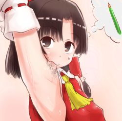 Rule 34 | 1girl, arm up, armpit hair, armpits, ascot, benikurage (cookie), biting arm, black eyes, black hair, breasts, commentary request, cookie (touhou), detached sleeves, hakurei reimu, looking at viewer, medium hair, otemoto (baaaaloooo), parted bangs, pencil, red shirt, ribbon-trimmed sleeves, ribbon trim, shirt, simple background, sleeveless, sleeveless shirt, small breasts, solo, thought bubble, touhou, upper body, white sleeves, yellow ascot