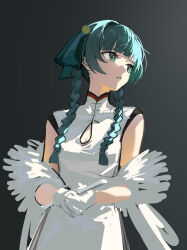 Rule 34 | 1girl, absurdres, black background, blunt bangs, braid, china dress, chinese clothes, dress, gloves, green eyes, green hair, highres, long hair, looking to the side, parted lips, qingyi (zenless zone zero), side braids, sidelocks, simple background, sketch, sleeveless, solo, upper body, white gloves, zaicenshi, zenless zone zero